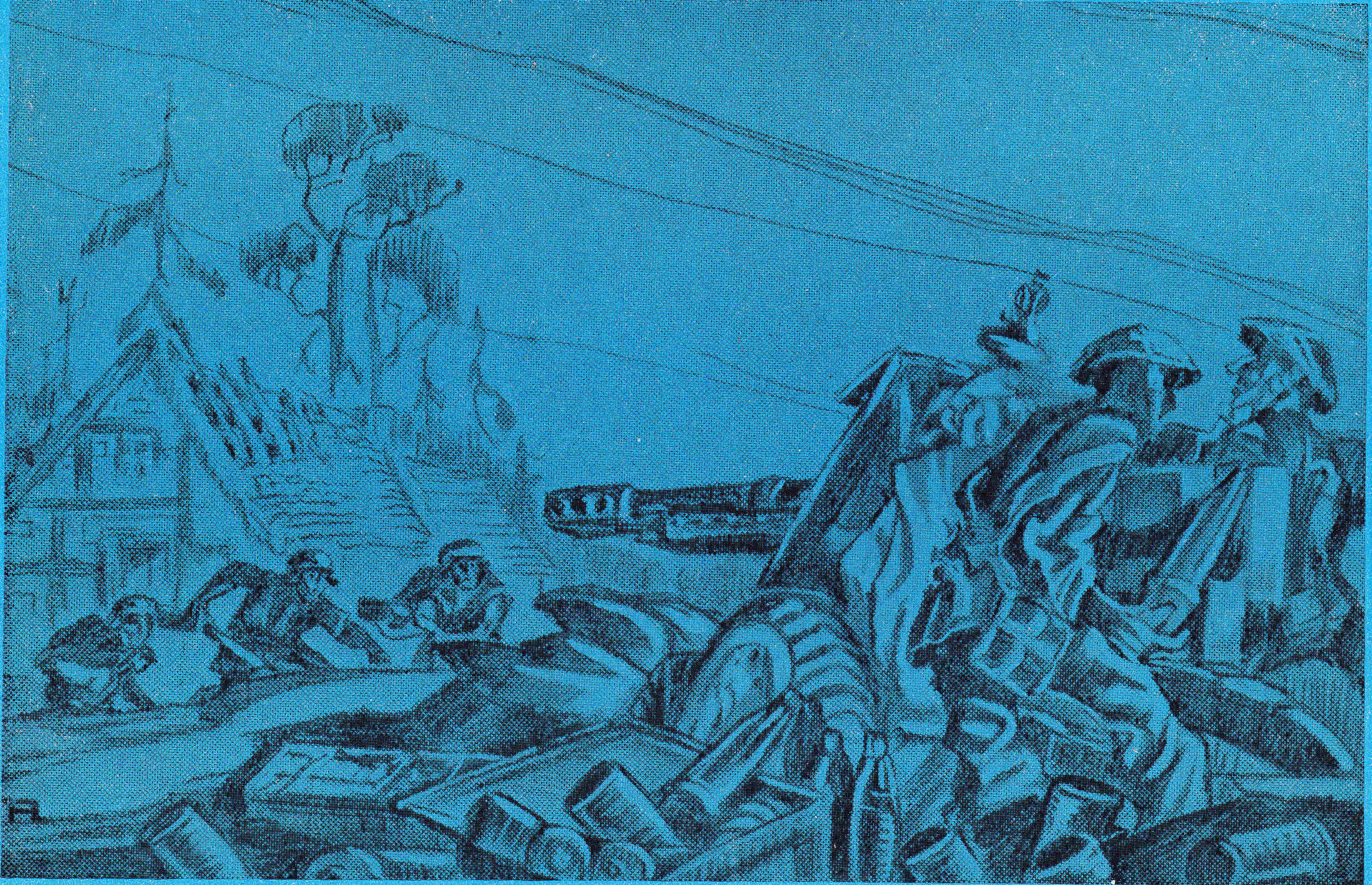 drawing of a Canadian 25-pounder gun being attacked by German infantry