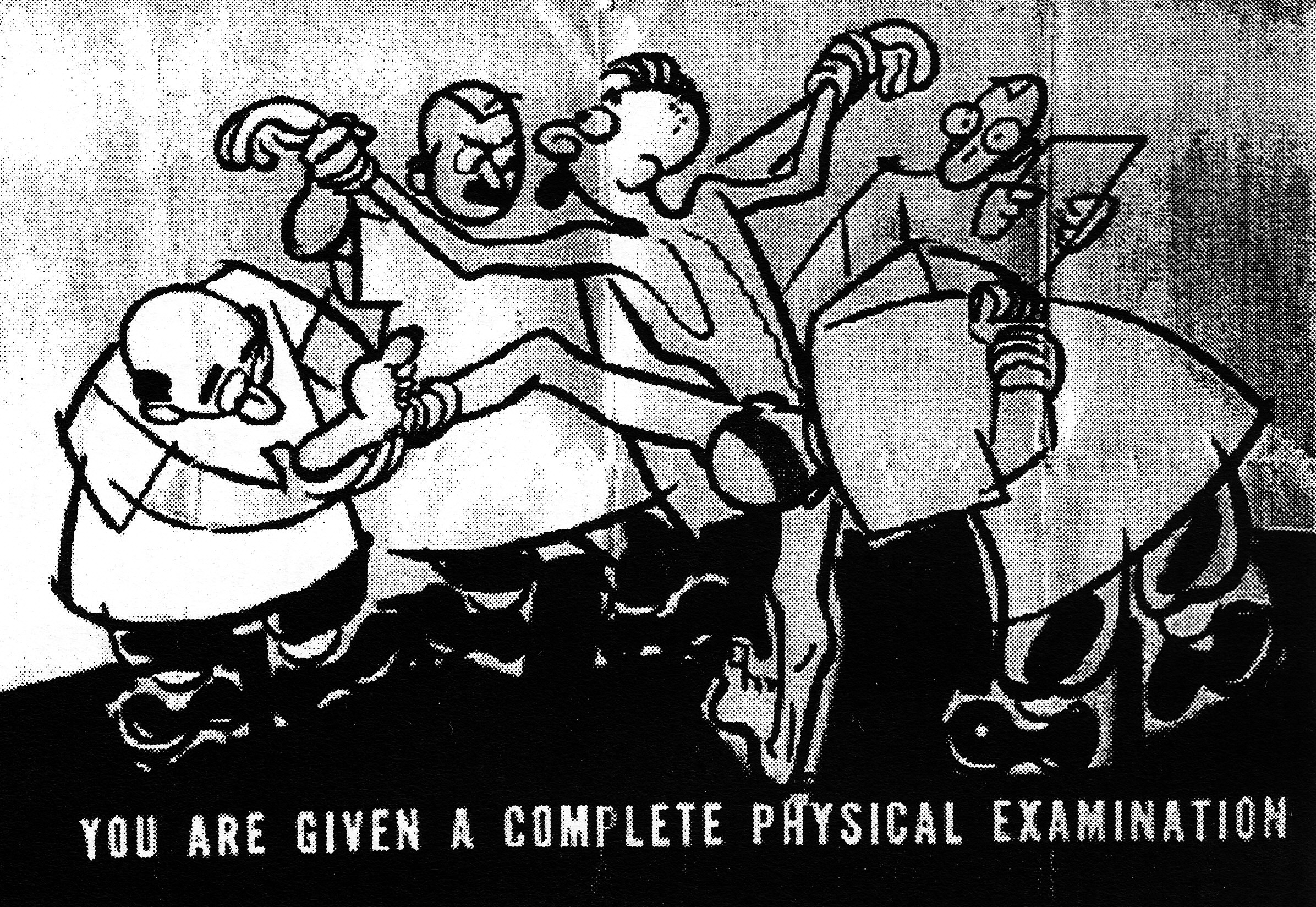 Cartoon of a medical examination given to an army recruit by three doctors