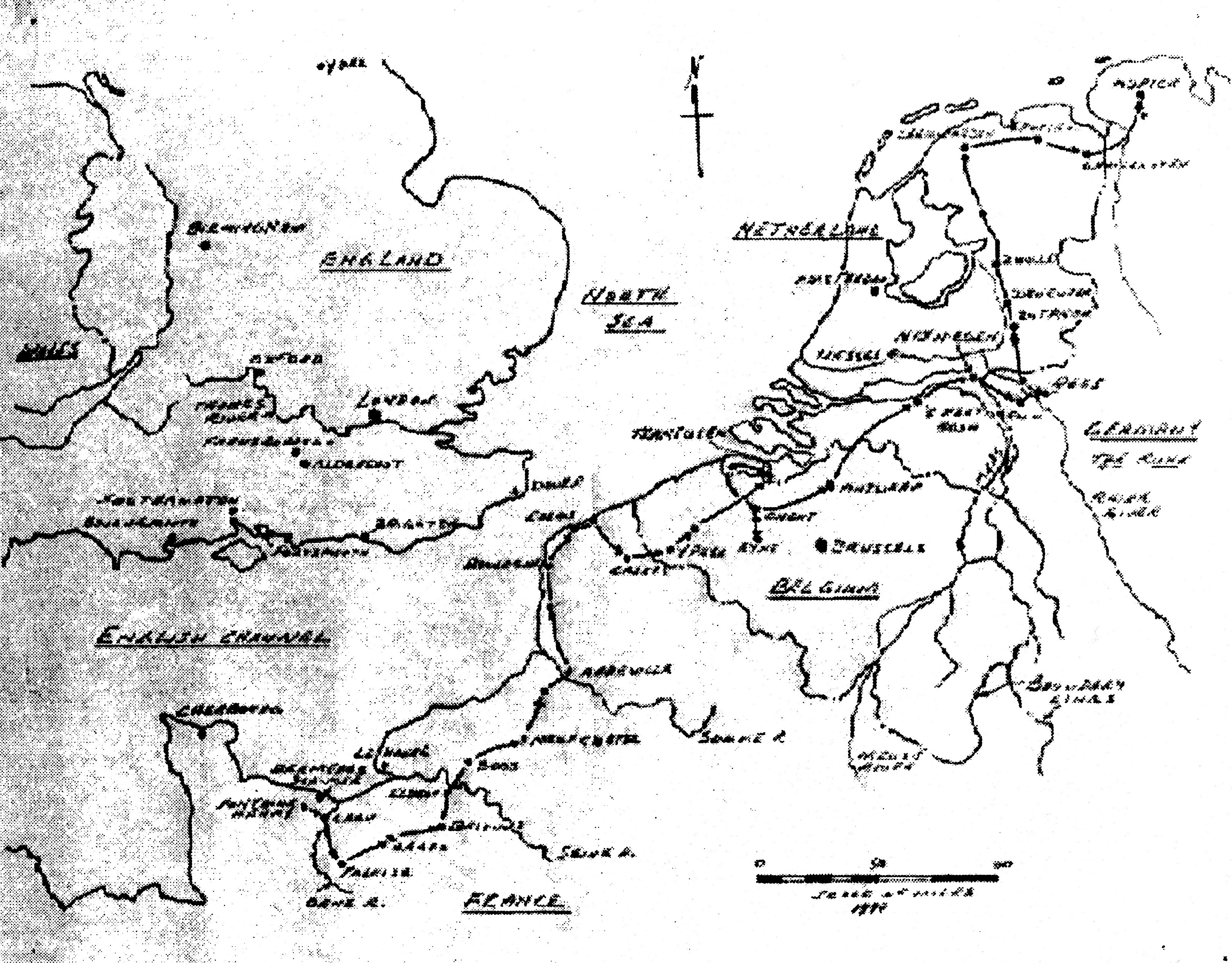 route of the Queen's Own Rifles drawn on a map of Northwest Europe